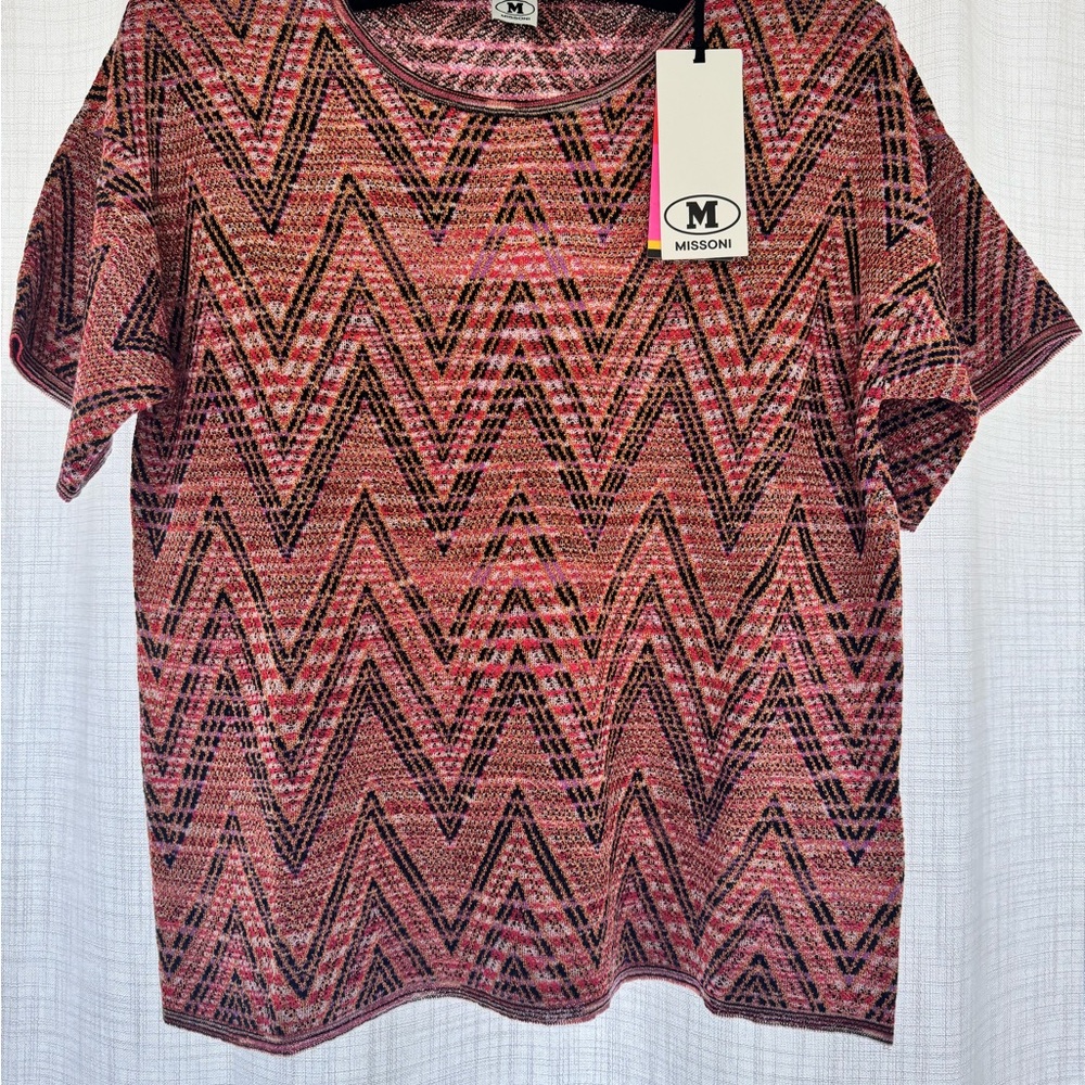 M Missoni Metallic Crochet Knit Pink Multicolor Zigzag Knit Top